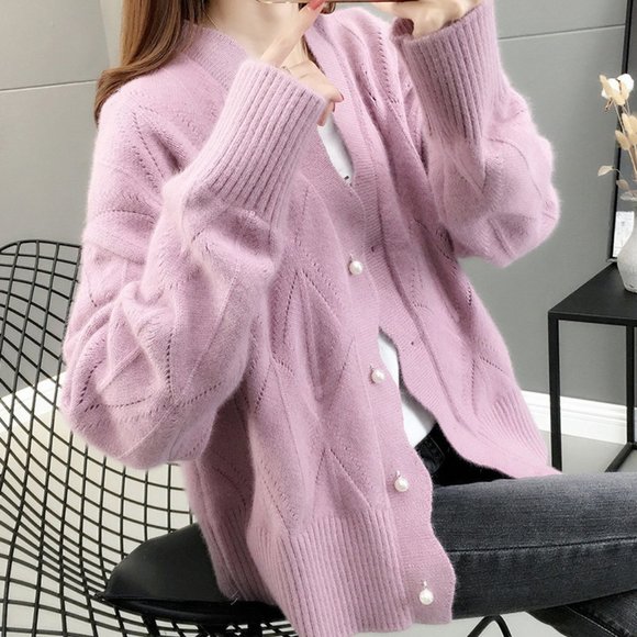 C102 Women Knitted Pearl Button Up Cardigan Long Sleeve Top Sweater Clothing - Picture 1 of 3